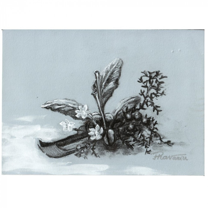 E66. Tablou, Ikebana, realizat 2023, tehnici mixte pe hartie, neinramat, 25x18cm