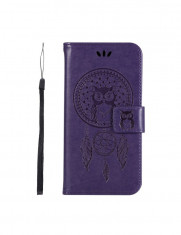 Husa tip carte, iPhone XS / X, mov, piele, design Wind Chime Owl, cu sloturi card si bani foto