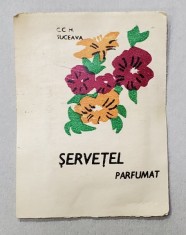 PLIC CU SERVETEL PARFUMAT IMPREGNAT CU APA DE COLONIE , IMPRIMAT CU MODEL FLORAL , PRODUS 1976