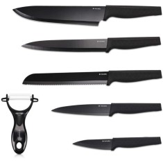 Set 5 cutite de bucatarie Navaris din otel inxoidabil, 1 cutit de curatat din ceramica, Negru, 48366.06.02