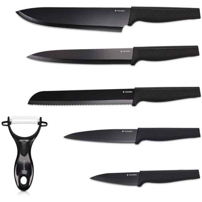 Set 5 cutite de bucatarie Navaris din otel inxoidabil, 1 cutit de curatat din ceramica, Negru, 48366.06.02