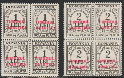 1931 Romania - Blocuri de 4 serie supratipar Timbrul Aviatiei pe taxa de plata foto