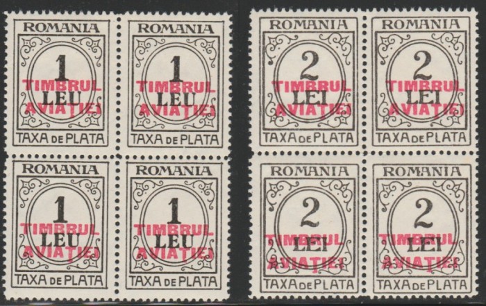 1931 Romania - Blocuri de 4 serie supratipar Timbrul Aviatiei pe taxa de plata