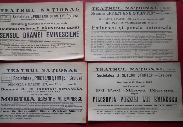 4 Afișe Conferințe despre Eminescu - 1923,1925,1927,1930