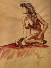Studiu nud feminin acuarelă pe h&acirc;rtie &ndash; lucrare originală vintage, artă decorativă unicat