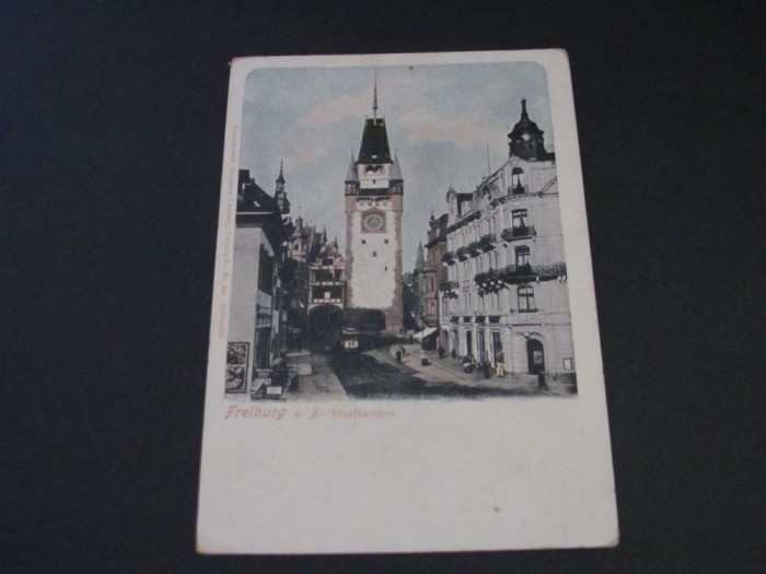 Carte Poștală Vintage Germania - Freiburg &quot;Martinsthor&quot; Poarta Medievală cu Turn și Ceas (posibil din perioada 1900-1940)
