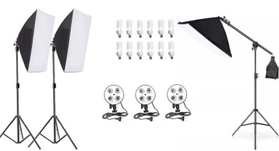Kit de 3 softboxuri cu macara, soclu de 4 becuri, 3 trepiezi reglabili 200 cm, 12 becuri de 45W foto