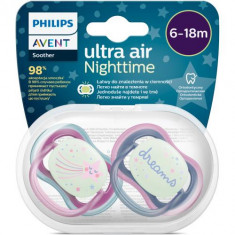 Set 2 suzete Philips-Avent SCF376/14, ultra air NightTime 6-18 luni, Ortodontice, fara BPA, Fosforescent, Dreams/Stea