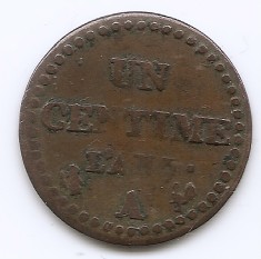 Franta 1 Centime 1798 A - L&#039;AN 7 - A, Prima Republica, Cupru, 18 mm, KM-646