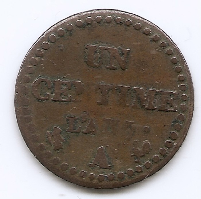 Franta 1 Centime 1798 A - L&#039;AN 7 - A, Prima Republica, Cupru, 18 mm, KM-646