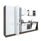 Mobilier de bucătărie Yorki 340, cu corp din stejar Yorki, fațadă albă cu finisaj satinat, cu element inferior pentru cuptor, dulap cu rafturi și frig