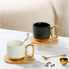 Set 2 Cesti din Portelan cu lingurita metalica si suport Bambus, PATRICIA, 220ml foto