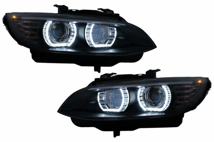 Faruri Xenon Angel Eyes BMW Seria 3 E92 E93 (2006-2010) 3D Negru Performance AutoTuning