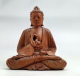 BUDDHA sezand postura Vitarka Mudra sculptura in lemn realizata manual decor ASIA arta religie meditatie energie