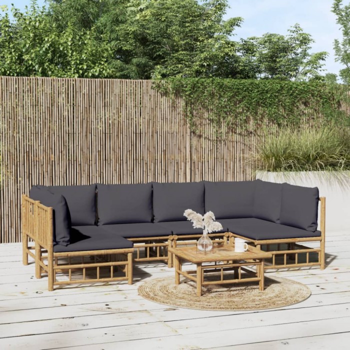 vidaXL Set mobilier de grădină cu perne gri &icirc;nchis, 7 piese, bambus 3155230