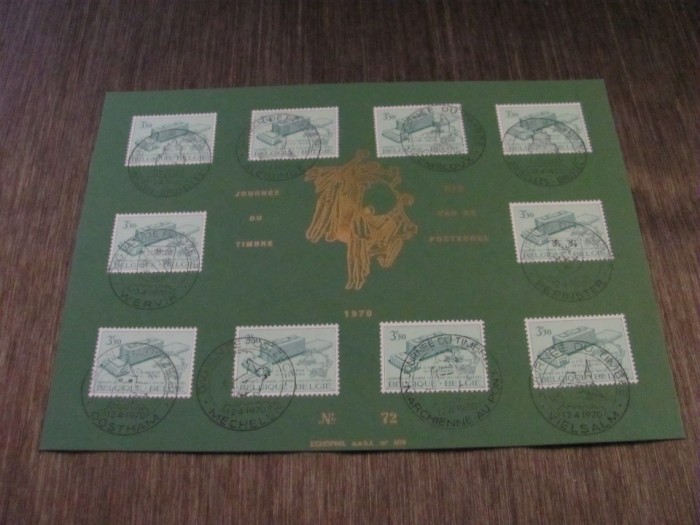 10 Timbre Obliterate 3Fr Journ&eacute;e du Timbre , Ediție Limitată .Belgia 1978 Carton Filatelic