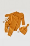Set 3 piese: body cu maneca lunga, pantaloni lungi si caciulita din bumbac organic si modal - Mustar, BabyCosy (Marime: 3-6 Luni