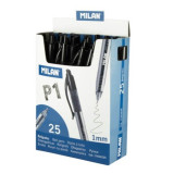 Pix MILAN, Mina Neagra, 25 Buc/Set, Grosime Varf 1 mm, Mecanism si Corp din Plastic Transparent, Pixuri Milan, Pix Negru, Pix cu Pasta Neagra, Pix Sco