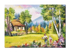 Tablou peisaj feeric de la munte pictat manual, La bunici, 70x50cm ulei pe panza, Constantin Feraru foto