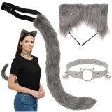 Set costum Halloween, pisica/vulpe, 3 piese, coada, choker, cordeluta urechi, gri