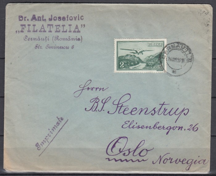 ROMANIA 1931 VEDERI-POSTA AERIANA /PLIC TRIMIS FILATELIA CERNAUTI-OSLO NORVEGIA