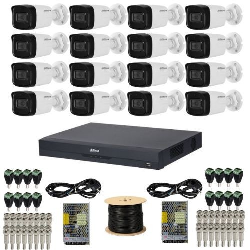 Sistem supraveghere Dahua 16 camere 4K 8MP Lentila 3.6mm IR 80m Microfon, DVR 16 canale 4K 8MP Audio WizSense, accesorii + Autocolant Rovision SafetyG