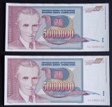 Yugoslavia, 2 x 5.000.000 Dinari 1993, UNC, Consecutive.