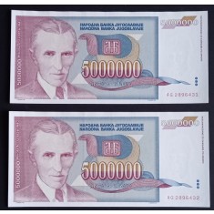 Yugoslavia, 2 x 5.000.000 Dinari 1993, UNC, Consecutive.