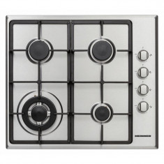 Plita incorporabila Heinner, 58 cm,, gaz, 4 arzatoare, arzator Wok, aprindere electrica, siguranta gaz, gratare otel emailat, Argintiu
