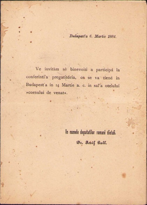HST 386S Invitație ședința &icirc;nființare Partidul Moderat Rom&acirc;n 1884 Iosif Gall