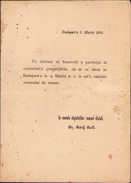 HST 386S Invitație ședința &icirc;nființare Partidul Moderat Rom&acirc;n 1884 Iosif Gall