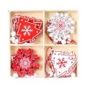 Set 12 decoratiuni de craciun din lemn, flippy, cu snur pentru agatare in brad, model brazi si fulgi de nea, alb-rosu