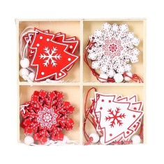 Set 12 decoratiuni de craciun din lemn, flippy, cu snur pentru agatare in brad, model brazi si fulgi de nea, alb-rosu