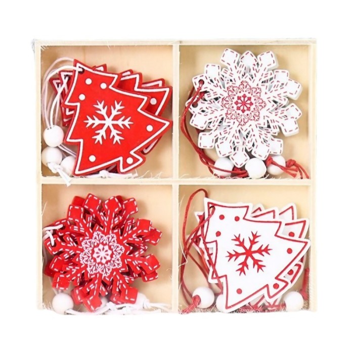 Set 12 decoratiuni de craciun din lemn, flippy, cu snur pentru agatare in brad, model brazi si fulgi de nea, alb-rosu