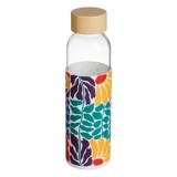 Sticla de antrenament din sticla transparenta cu model floral si capac din bambus, 500 ml, CMCLASS