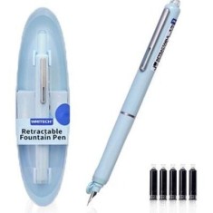 Set stilou retractabil Writech cu 5 rezerve cerneala albastru,grosime penita F, corp albastru,cutie depozitare