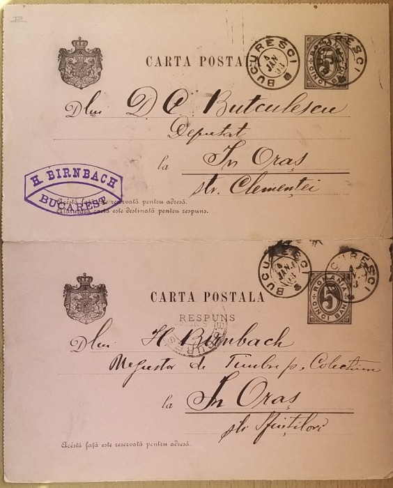 Romania 1893 carte postala cu raspuns de la H. Birnbach la C-tin Butculescu