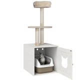 PawHut Cătănel cu casă de toaletă, turn de joacă 2-&icirc;n-1 de 129 cm cu ascundere litieră, st&acirc;lpi pentru zg&acirc;riat, crem | Aosom Romania