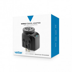 Adaptor priza Vetter Universal, World Travel Adapter, with Dual USB Charger, 2500W Grounded, Negru