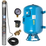 Cumpara ieftin Kit hidrofor 100L vertical/orizontal cu pompa submersibila IBO Dambat 4SDM2/12, 0.75kW, debit 80l/min, refulare 85m, racord 1.5&quot;, rezistenta la nisip, IBO Polonia