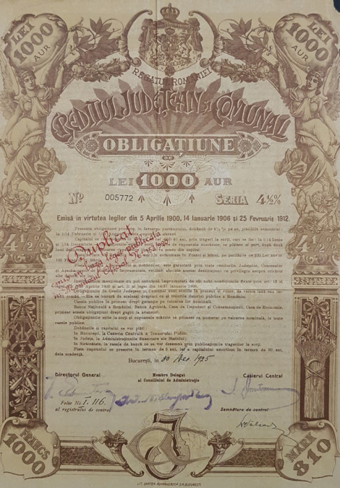Obligatiune 1000 lei aur 1925 , Duplicat , titlu , actiuni , actiune