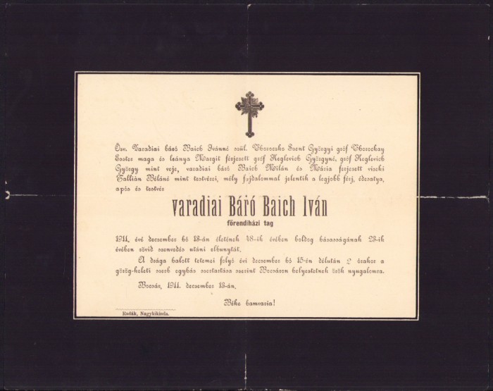 HST A285 Necrolog baron Baich Istvan 1911