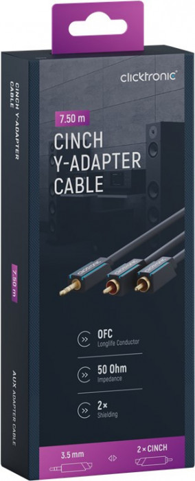 Cablu audio Profesional Jack 3.5 mm - 2x RCA 7.5m 50ohm OFC cupru dublu ecaranat fara oxigen AWG23 Clicktronic 70470