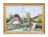 Tablou pictat manual inramat, Casa taraneasca, 80x60cm ulei pe panza in cutit efect 3D, Geo Ungureanu