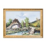 Tablou pictat manual inramat, Casa taraneasca, 80x60cm ulei pe panza in cutit efect 3D, Geo Ungureanu