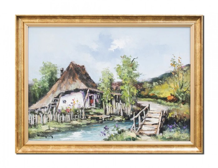 Tablou pictat manual inramat, Casa taraneasca, 80x60cm ulei pe panza in cutit efect 3D, Geo Ungureanu