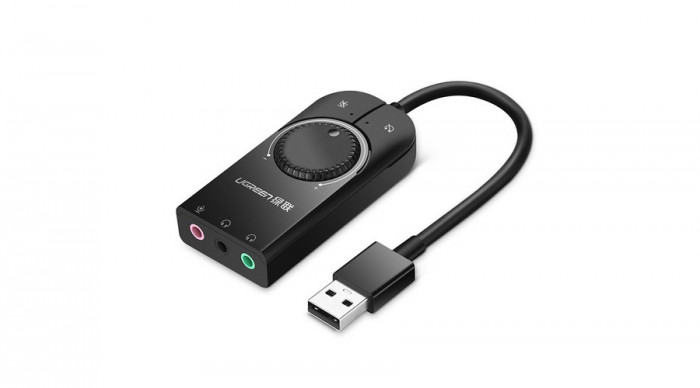 Ugreen Placă de sunet externă USB cu mini-jack de 3,5 mm, control al volumului 2 porturi 15cm - negru (40964)