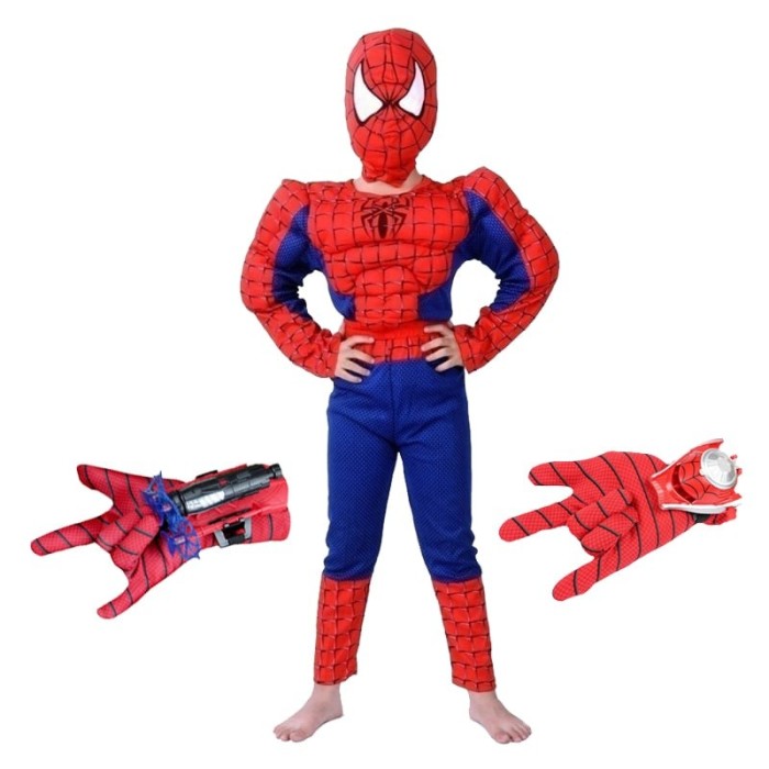 Set costum clasic Spiderman cu muschi, rosu, manusa ventuze si discuri, 7-9 ani, 120-130 cm