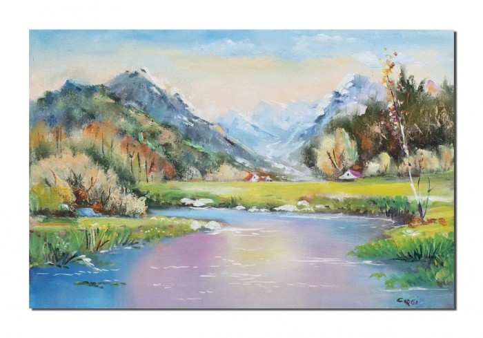 Tablou pictat manual, Peisaj de la munte, 60x40cm ulei pe panza, Romeo Coroi
