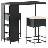 Set mobilier bar de gradina cu perne, 3 piese, negru, poliratan
